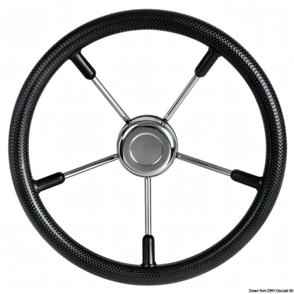 Timone nautico 5 razze in acciaio inox con corona in gomma nera antiscivolo, vista frontale