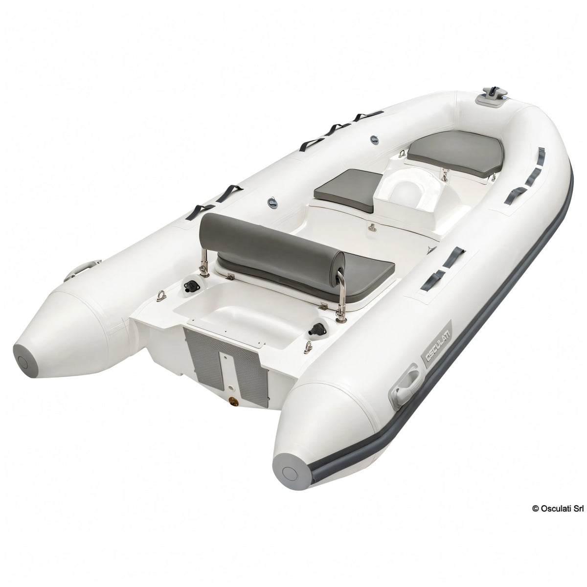 Tender gonfiabile compatto Osculati bianco con sedili grigi imbottiti, tubolari in PVC e pianale rigido