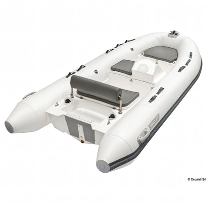 Tender gonfiabile compatto Osculati bianco con sedili grigi imbottiti, tubolari in PVC e pianale rigido