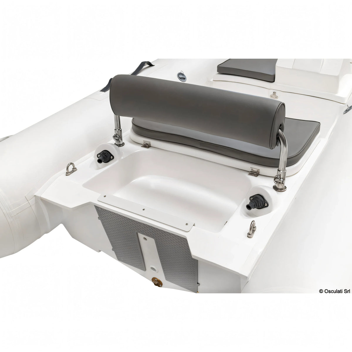 Tender gonfiabile compatto Osculati bianco con sedile imbottito grigio, vano storage e accessori inox