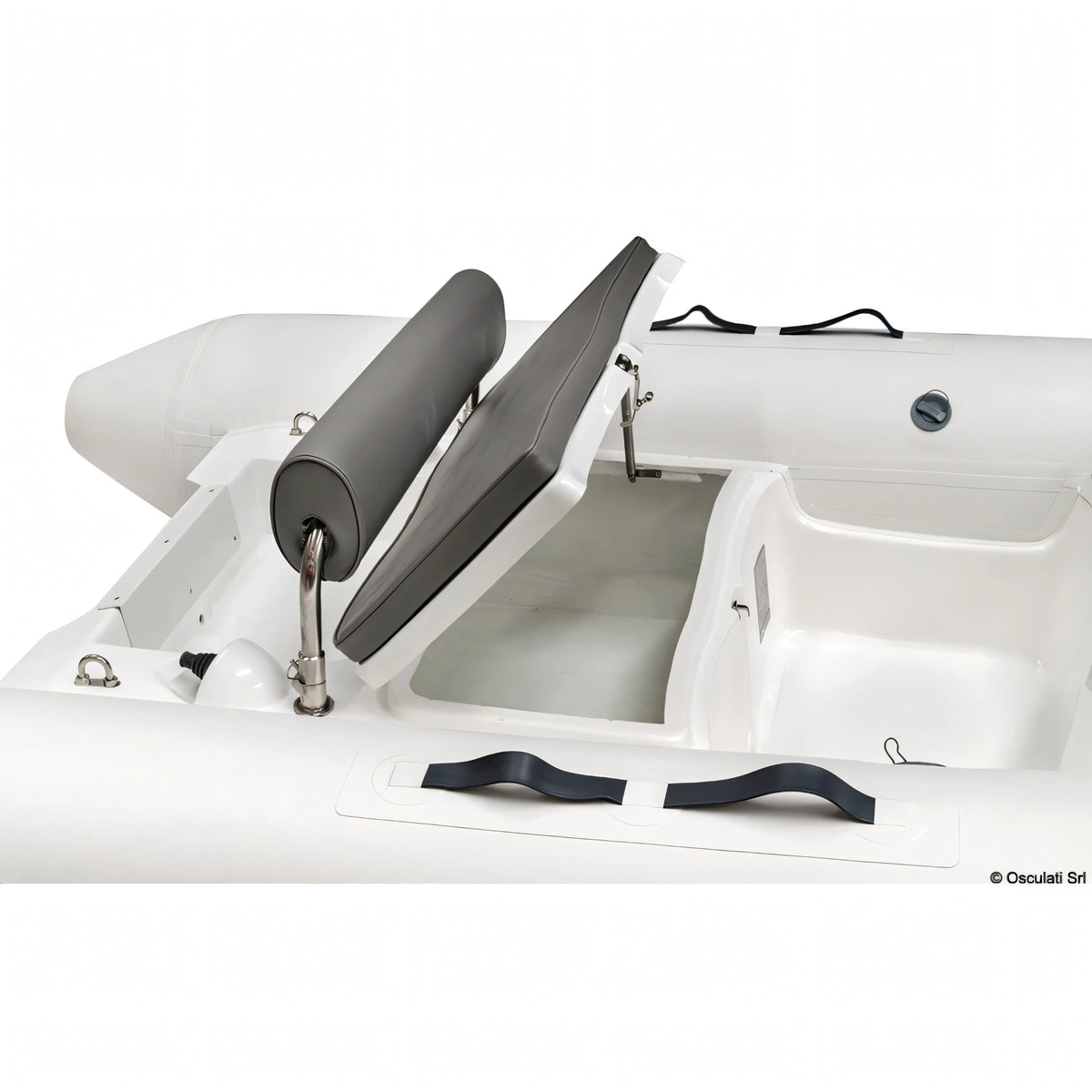 Tender gonfiabile Osculati bianco con sedile girevole grigio aperto su vano storage interno