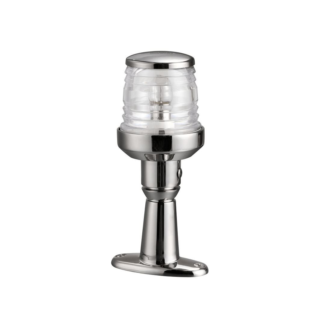 Fanale testa d'albero 360° in acciaio inox lucidato con lente trasparente e basetta ovale di fissaggio