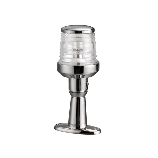 Fanale testa d'albero 360° in acciaio inox lucidato con lente trasparente e basetta ovale di fissaggio