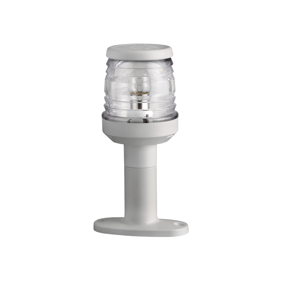 Fanale testa d'albero 360° bianco su basetta, lente trasparente fresata e bulbo visibile