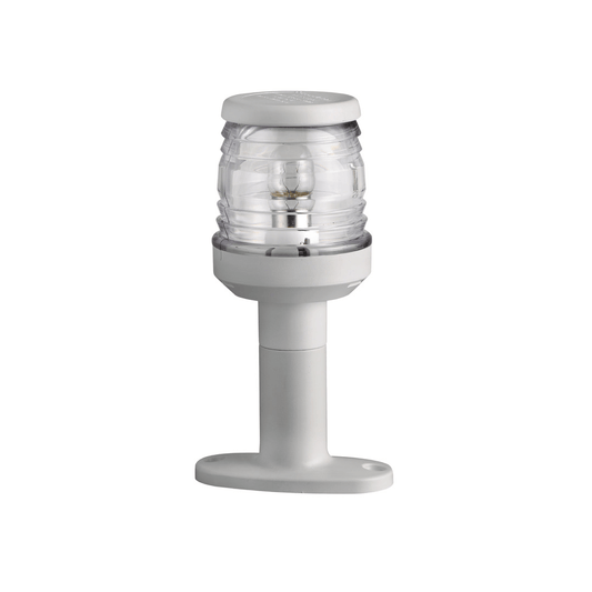 Fanale testa d'albero 360° bianco su basetta, lente trasparente fresata e bulbo visibile