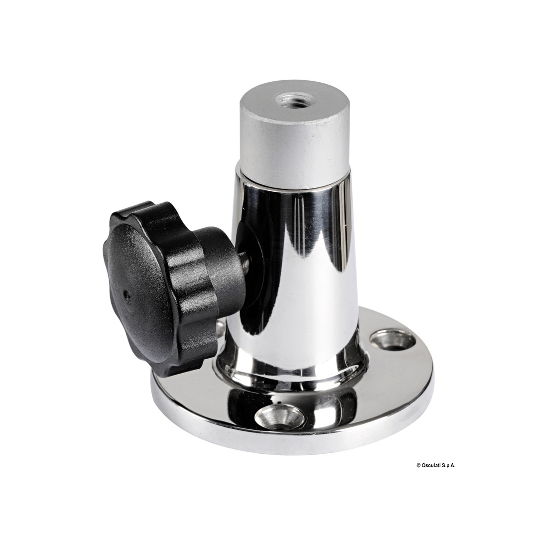 Basetta inox completa cromata con snodo orientabile e manopola nera di bloccaggio, base rotonda con fori