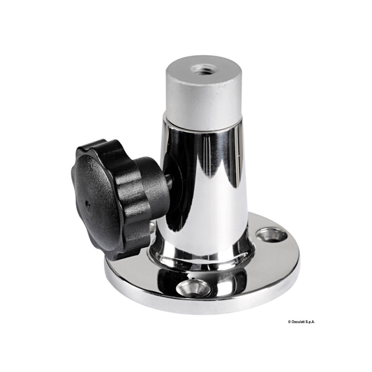 Basetta inox completa cromata con snodo orientabile e manopola nera di bloccaggio, base rotonda con fori