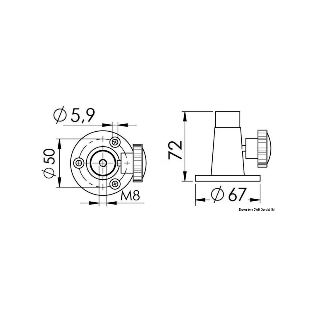 Scheda tecnica basetta inox completa con dimensioni: diametro 67mm, altezza 72mm, filetto M8