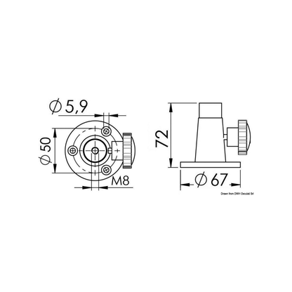 Scheda tecnica basetta inox completa con dimensioni: diametro 67mm, altezza 72mm, filetto M8