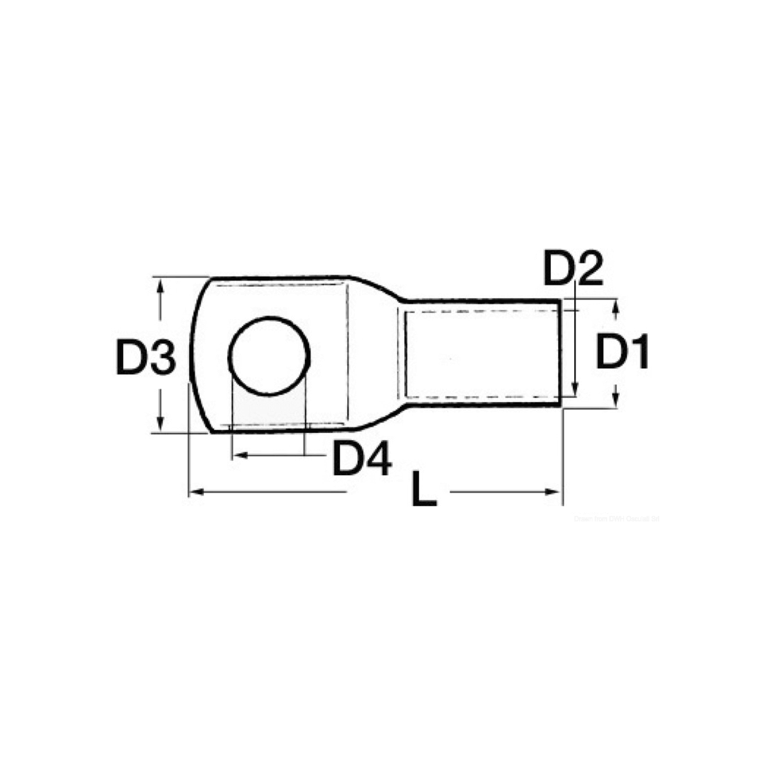 Scheda tecnica capicorda di potenza per cavo Ø 25 mm² con quote D1, D2, D3, D4 e lunghezza L