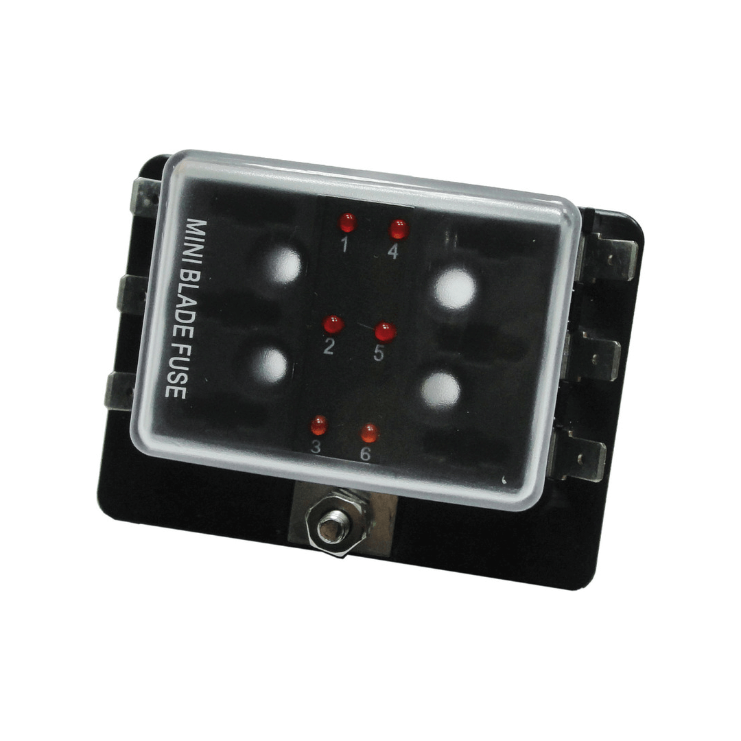 Scatola portafusibili lamellari mini 6 posti nera con coperchio trasparente e LED rossi indicatori