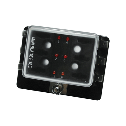 Scatola portafusibili lamellari mini 6 posti nera con coperchio trasparente e LED rossi indicatori