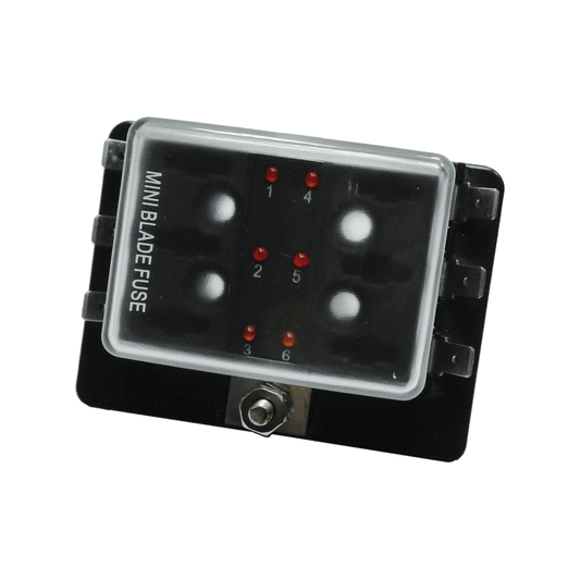 Scatola portafusibili lamellari mini 6 posti nera con coperchio trasparente e LED rossi indicatori