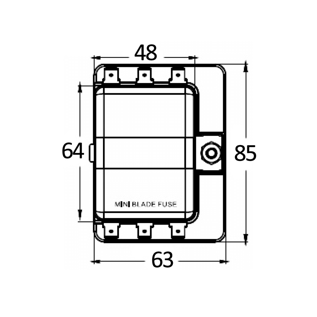 Scheda tecnica scatola portafusibili lamellari mini 6 posti con dimensioni 48x63x85mm