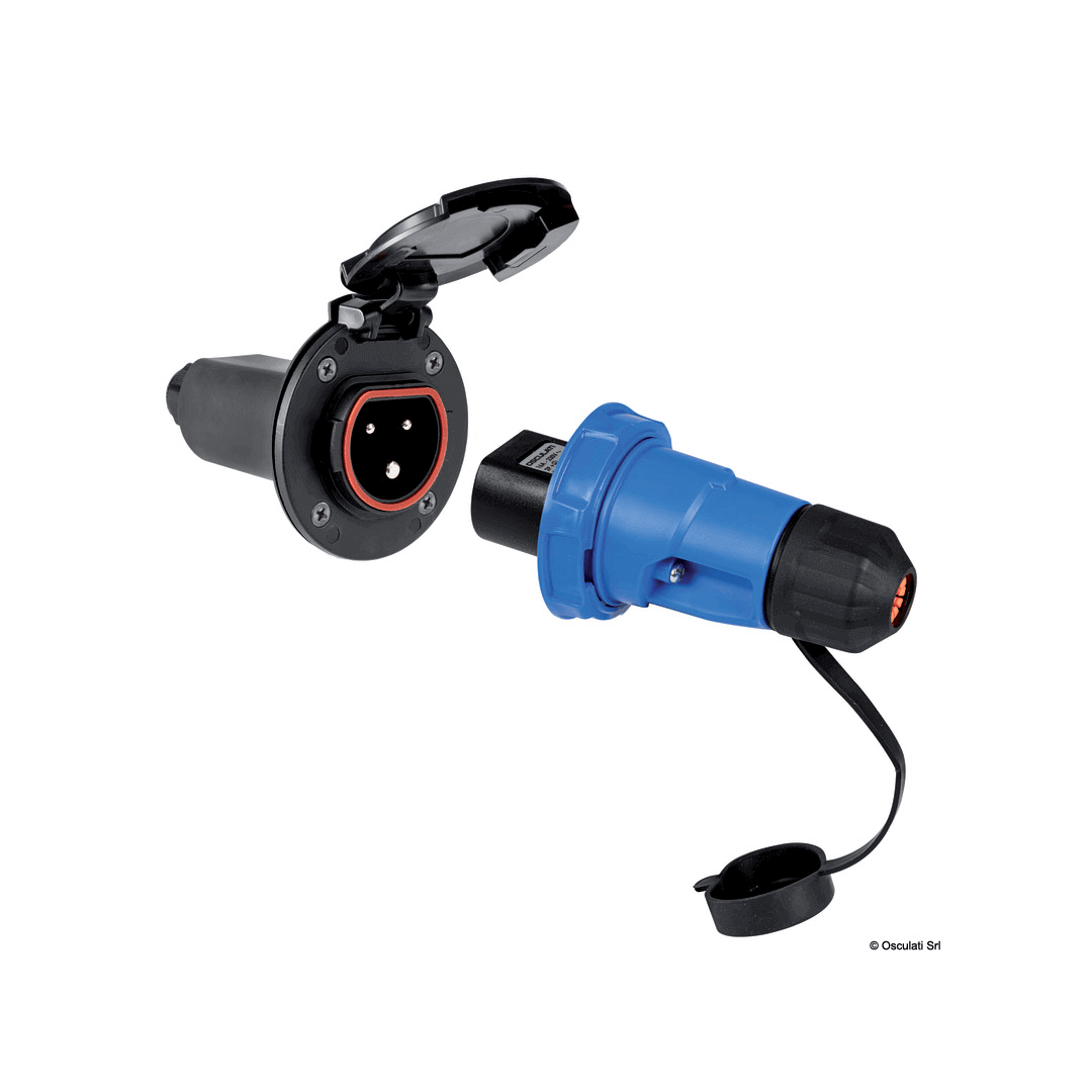 Presa banchina nera con coperchio e spina blu Cruiser 16A 230V IP67, connettore 3 pin