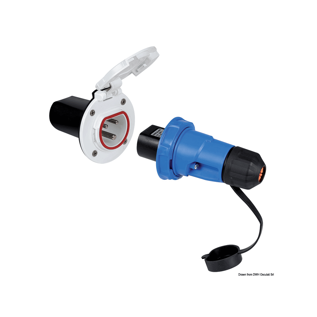 Presa banchina bianca con coperchio e spina Cruiser 16A 230V IP67 blu, kit completo per ormeggio