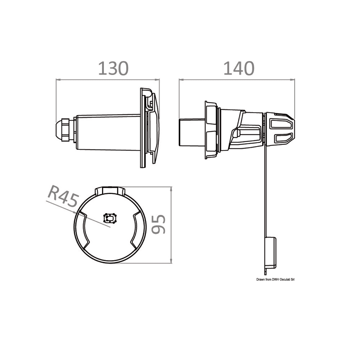 Scheda tecnica Presa Banchina Cruiser 16A 230V IP67 con dimensioni 130x140mm, diametro 95mm e raggio R45