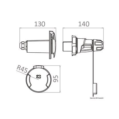 Scheda tecnica Presa Banchina Cruiser 16A 230V IP67 con dimensioni 130x140mm, diametro 95mm e raggio R45