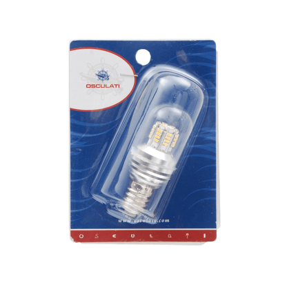Lampadina LED E27 12/24V 30W Osculati in blister trasparente su sfondo blu nautico