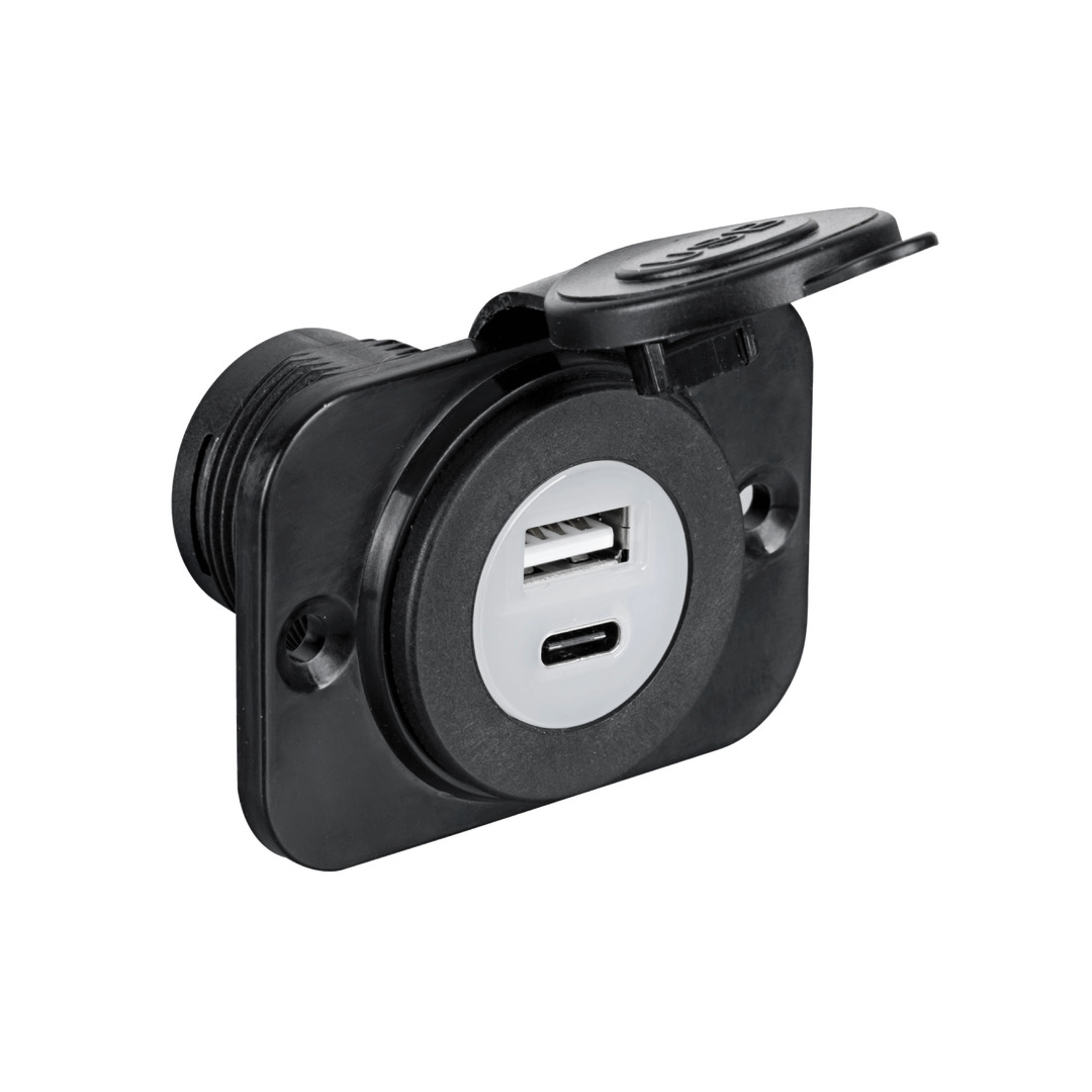 Presa incasso doppia USB-A e USB-C con cover protettiva nera, corpo nero quadrato