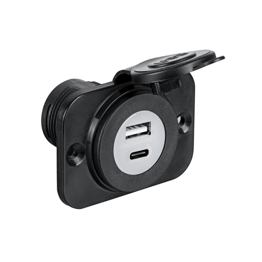 Presa incasso doppia USB-A e USB-C con cover protettiva nera, corpo nero quadrato