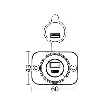 Scheda tecnica presa incasso doppia USB-A e USB-C cover nera, dimensioni 60x43mm