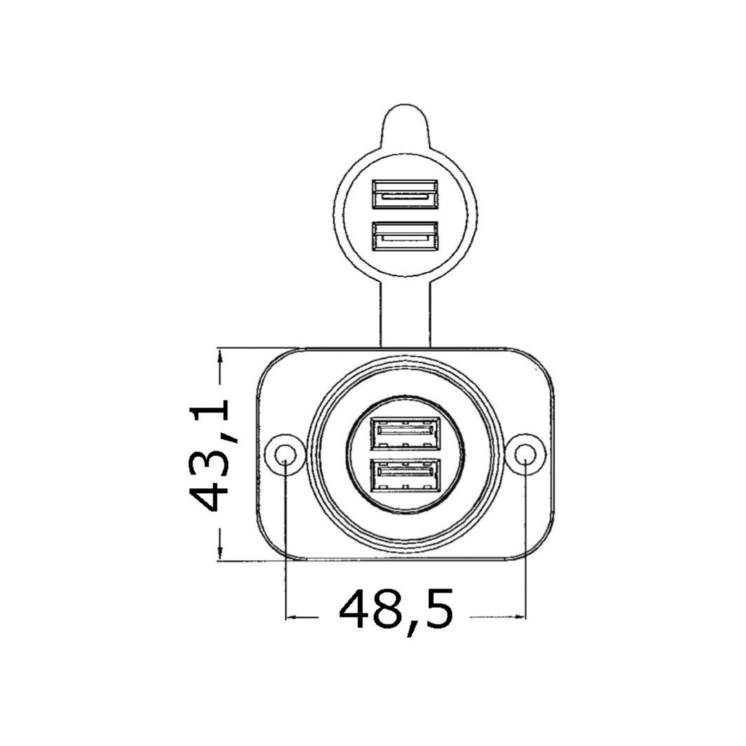 Scheda tecnica presa incasso doppia USB con dimensioni 48,5x43,1mm