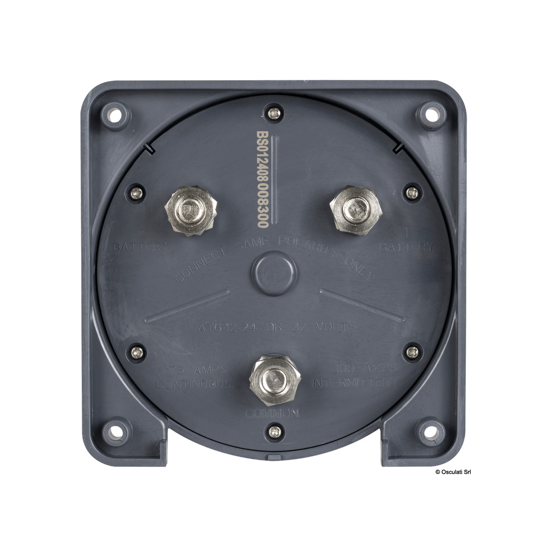Retro interruttore deviatore batterie Selecta 175A grigio con 3 morsetti metallici e scritte specifiche tecniche
