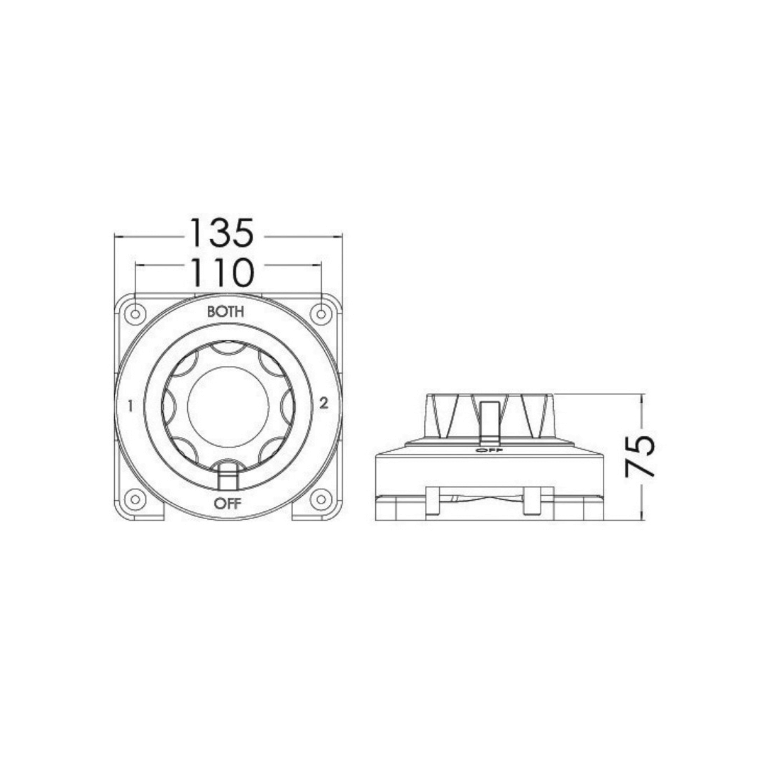 Scheda tecnica interruttore deviatore batterie Selecta 175A con dimensioni 135x110x75mm