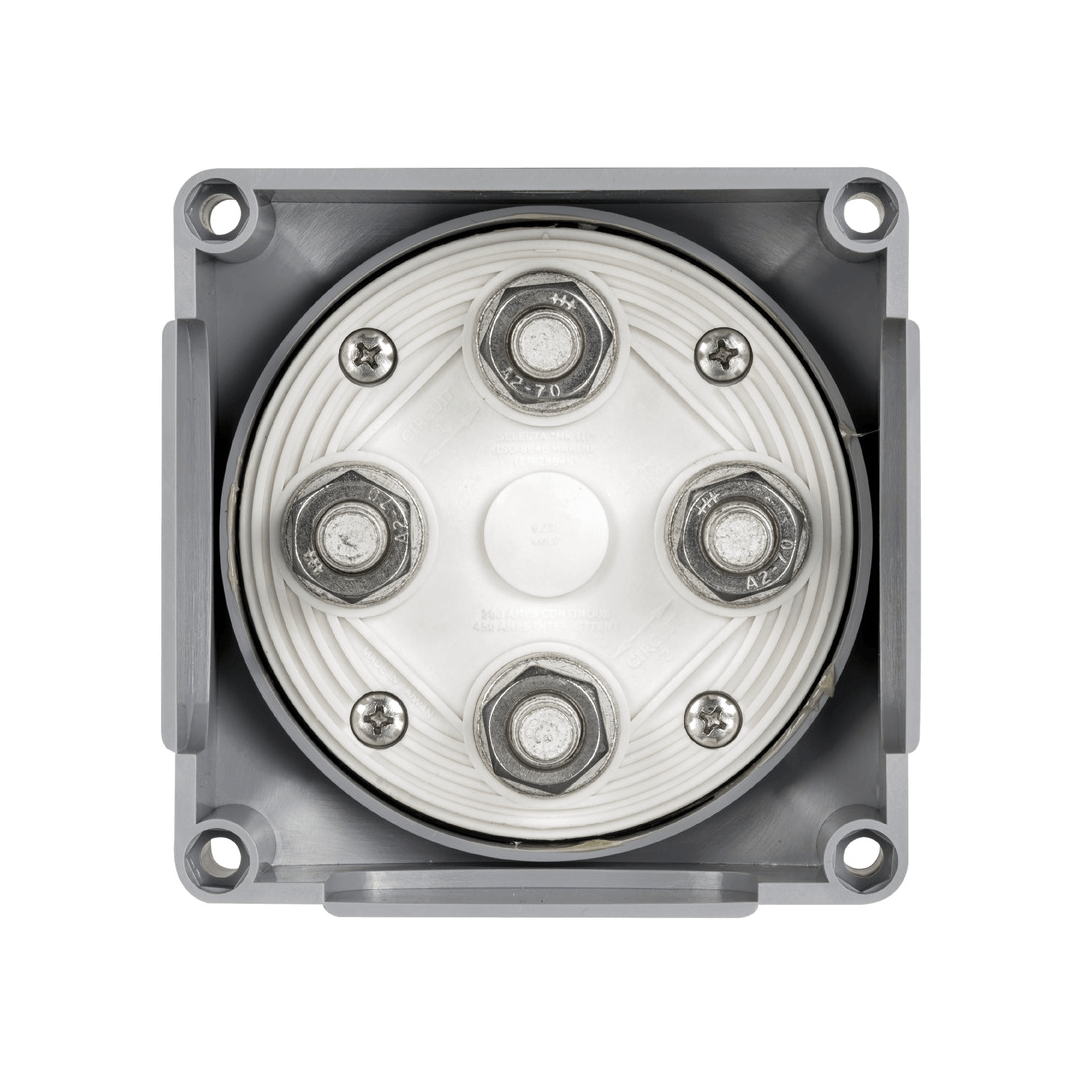 Deviatore staccabatterie Selecta New MK III grigio, vista frontale con disco bianco e 4 bulloni A2-70 in acciaio