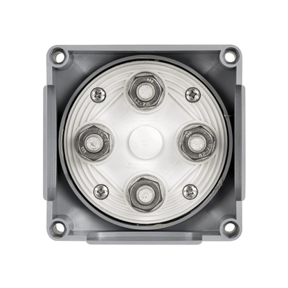 Deviatore staccabatterie Selecta New MK III grigio, vista frontale con disco bianco e 4 bulloni A2-70 in acciaio