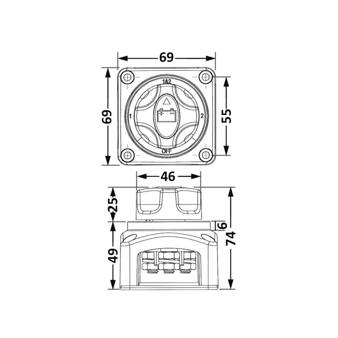 Scheda tecnica staccabatteria deviatore 1-2-1&2-OFF con dimensioni 69x69mm e profondità 74mm