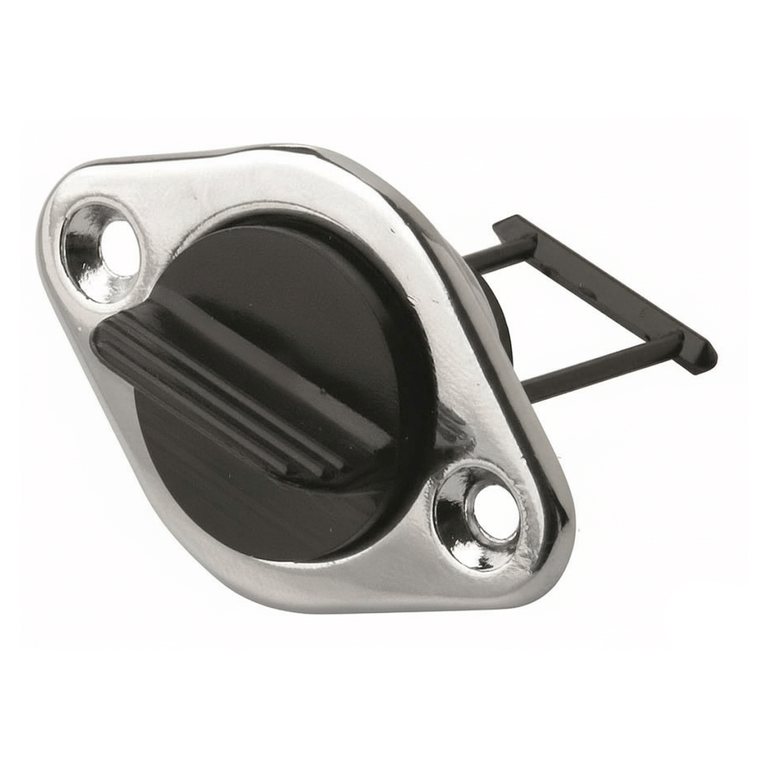 Tappo di scarico ovale cromato nero con vite, flangia in acciaio lucido e perni di fissaggio, Ø 27,70 mm