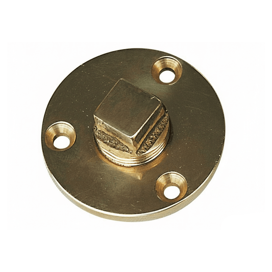 Tappo di scarico in ottone dorato con flangia rotonda e tre fori di fissaggio, filetto 1/2", Ø 50 mm