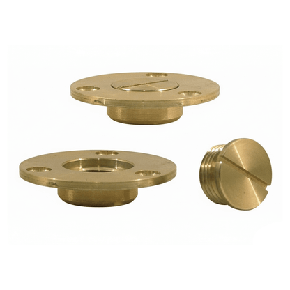 Tappo scarico ottone Ø55mm 3/4" con due flange circolari e vite di chiusura scanalata color oro