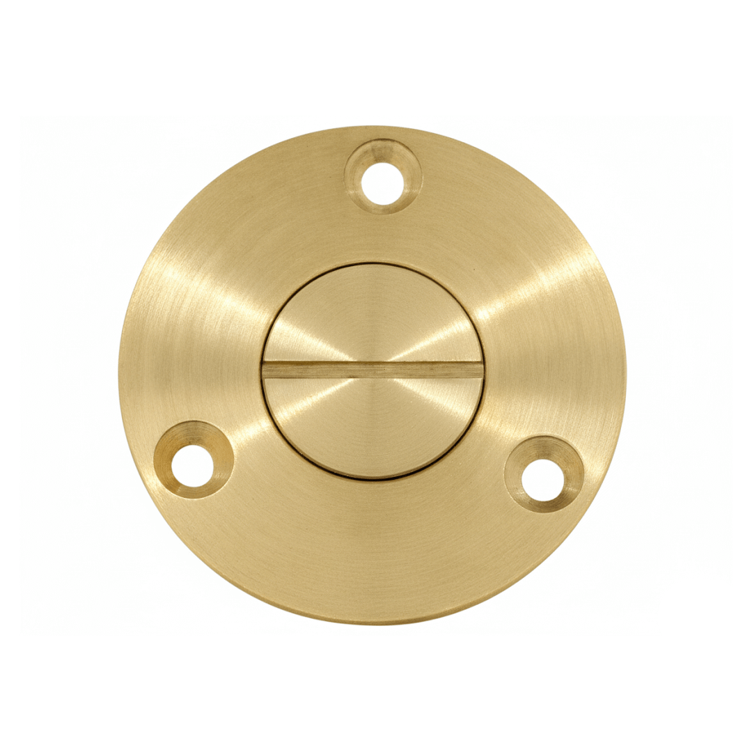Tappo di scarico in ottone satinato dorato tondo Ø 55 mm con filetto 3/4" e tre fori di fissaggio