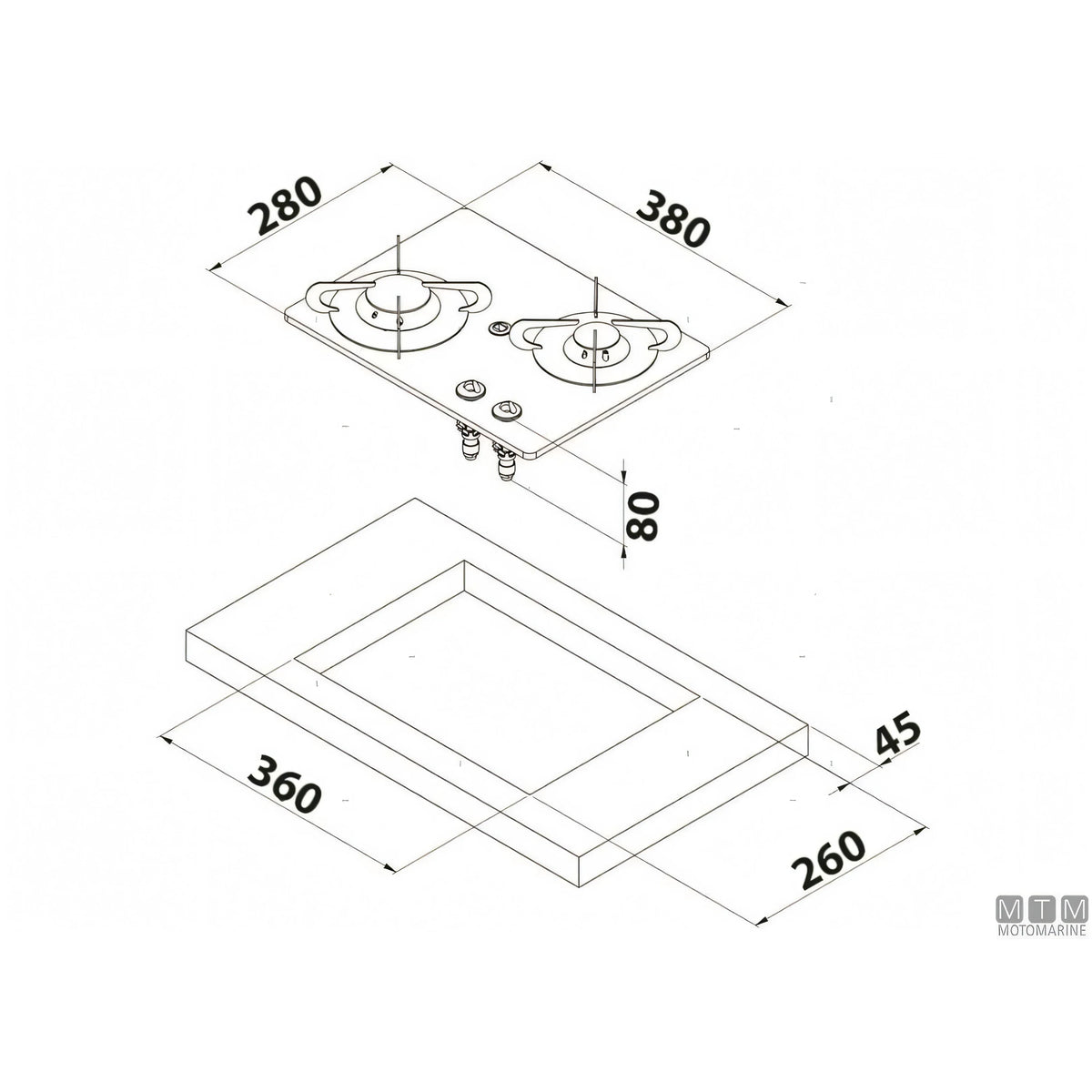 Can Fornello 2 Fuochi Chrystal 2 vetro temperato — PV1351 - 280x380 mm
