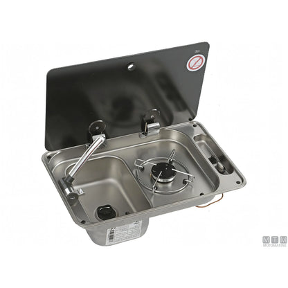 Can piano cottura a gas con lavello e coperchio in acciaio inox — Lavello a destra