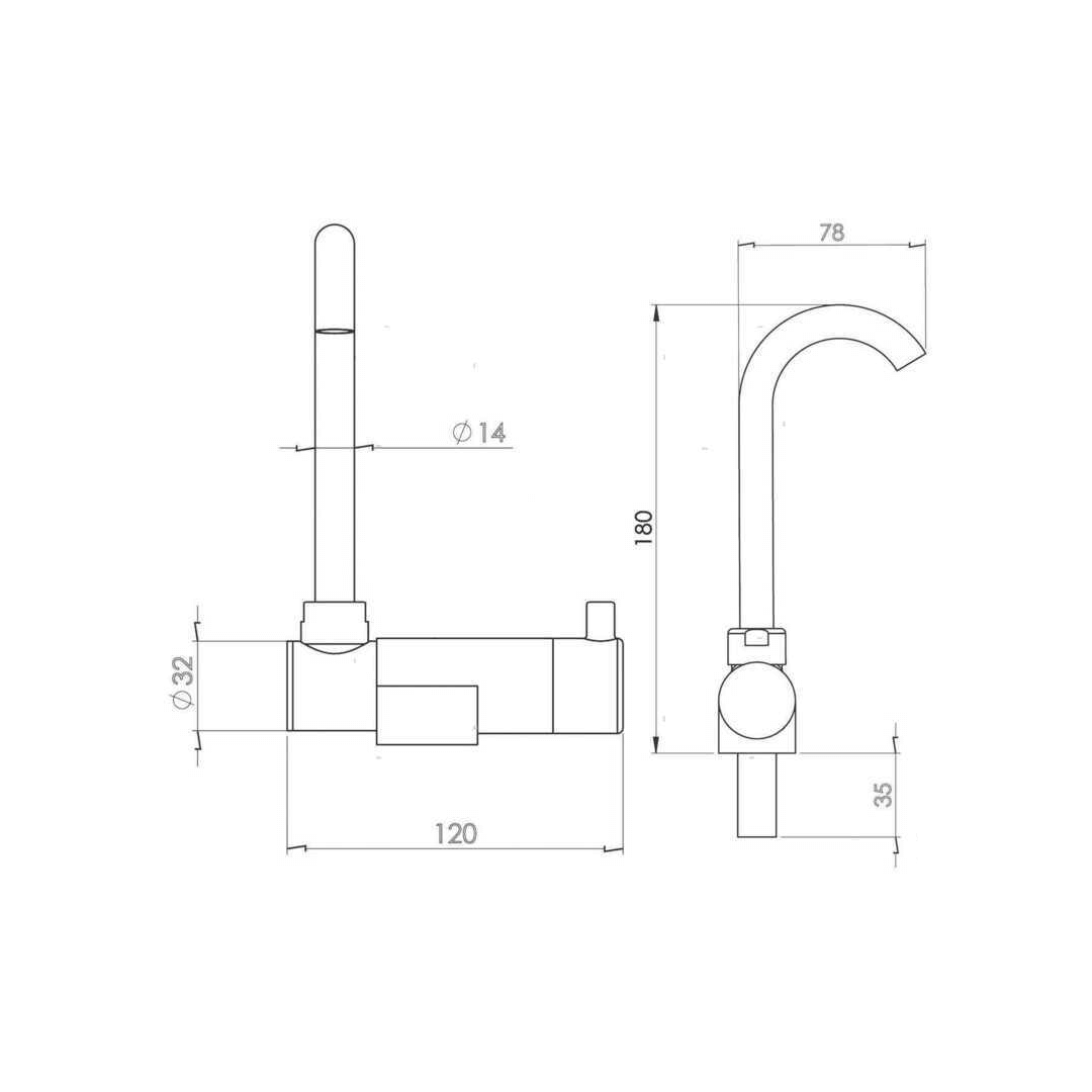 Scheda tecnica miscelatore con canna abbattibile LOW: dimensioni 180x78mm, diametro 32mm, lunghezza 120mm