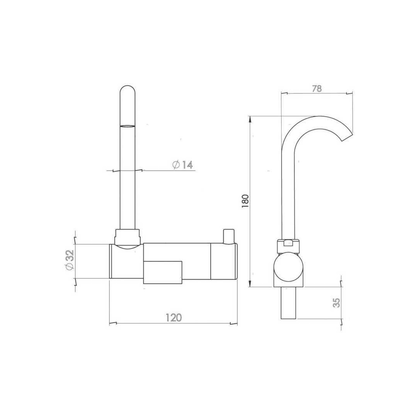 Scheda tecnica miscelatore con canna abbattibile LOW: dimensioni 180x78mm, diametro 32mm, lunghezza 120mm