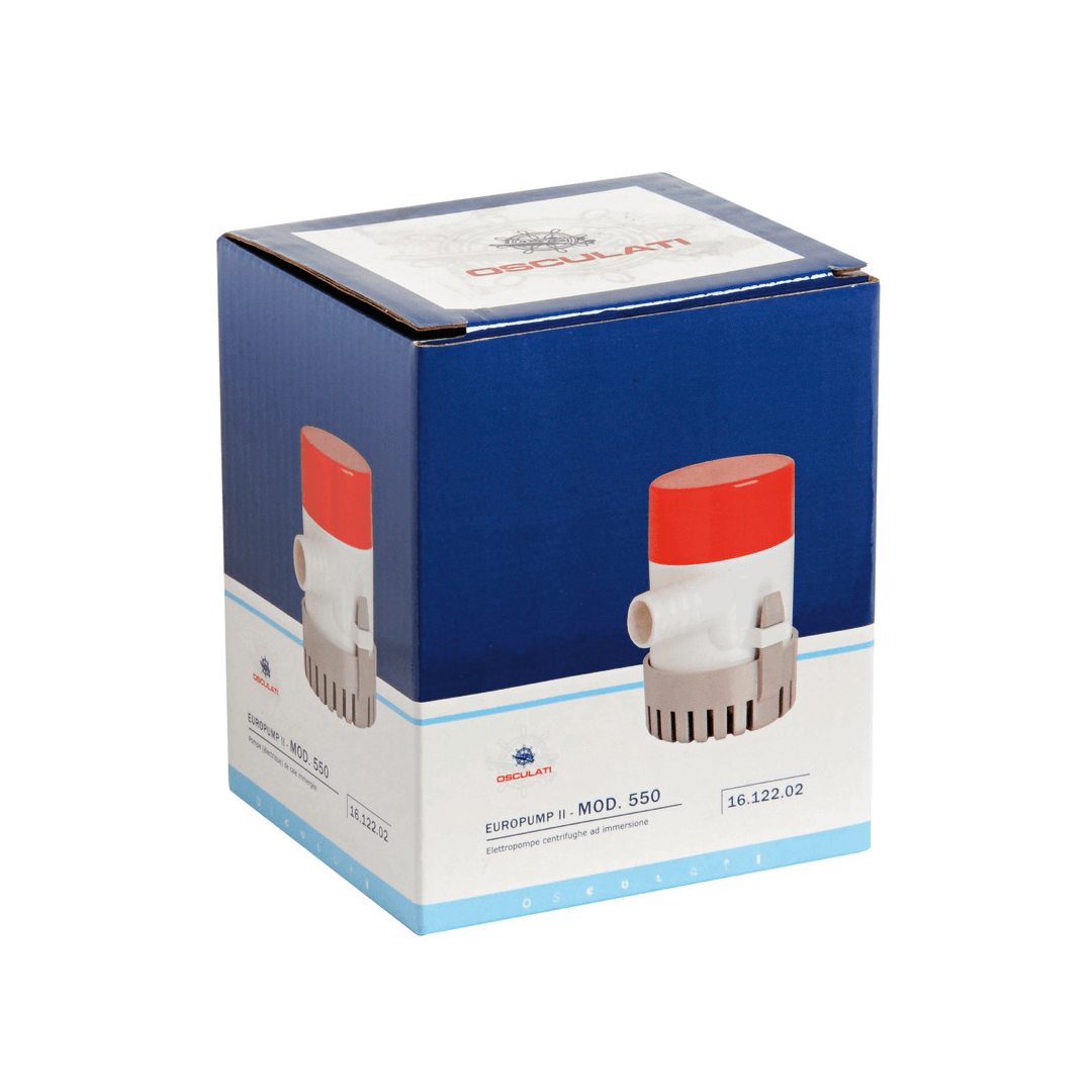 Confezione blu pompa di sentina ad immersione Osculati Europump II Mod. 550, corpo bianco e grigio, cappuccio rosso