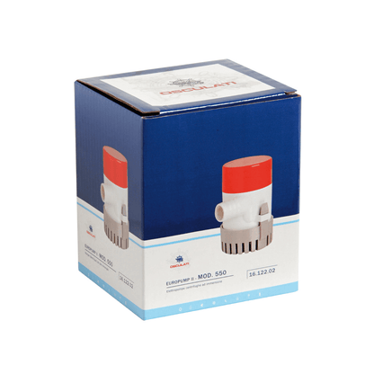 Confezione blu pompa di sentina ad immersione Osculati Europump II Mod. 550, corpo bianco e grigio, cappuccio rosso