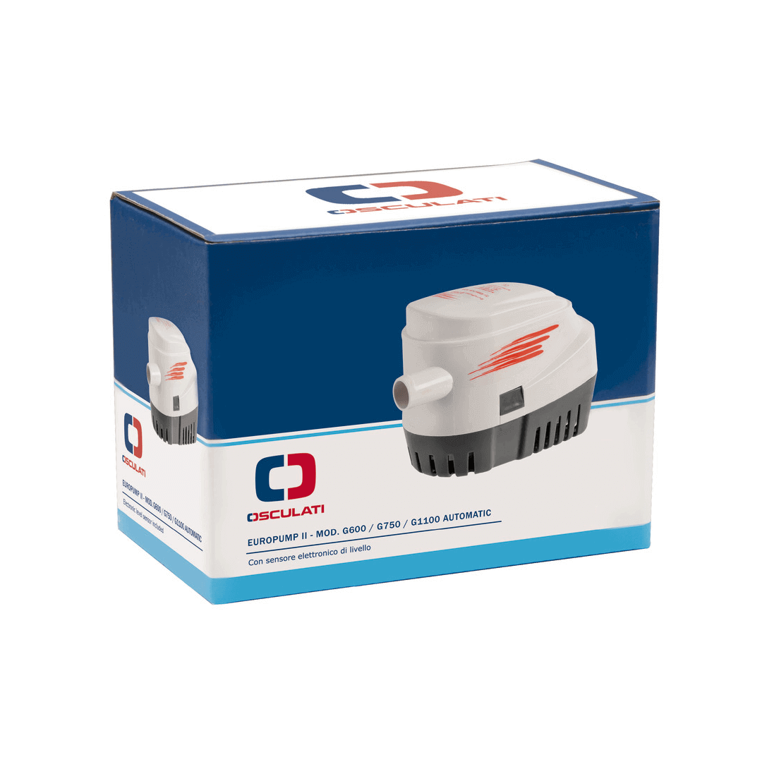 Confezione pompa di sentina automatica Osculati Europump II G1100, corpo bianco e grigio con sensore elettronico