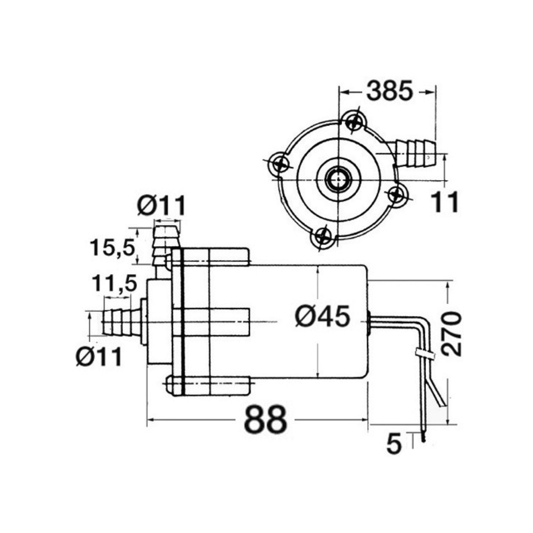 Scheda tecnica pompa centrifuga per lavello con dimensioni: Ø45mm, lunghezza 88mm, attacchi Ø11mm