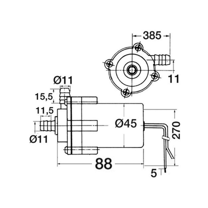 Scheda tecnica pompa centrifuga per lavello con dimensioni: Ø45mm, lunghezza 88mm, attacchi Ø11mm
