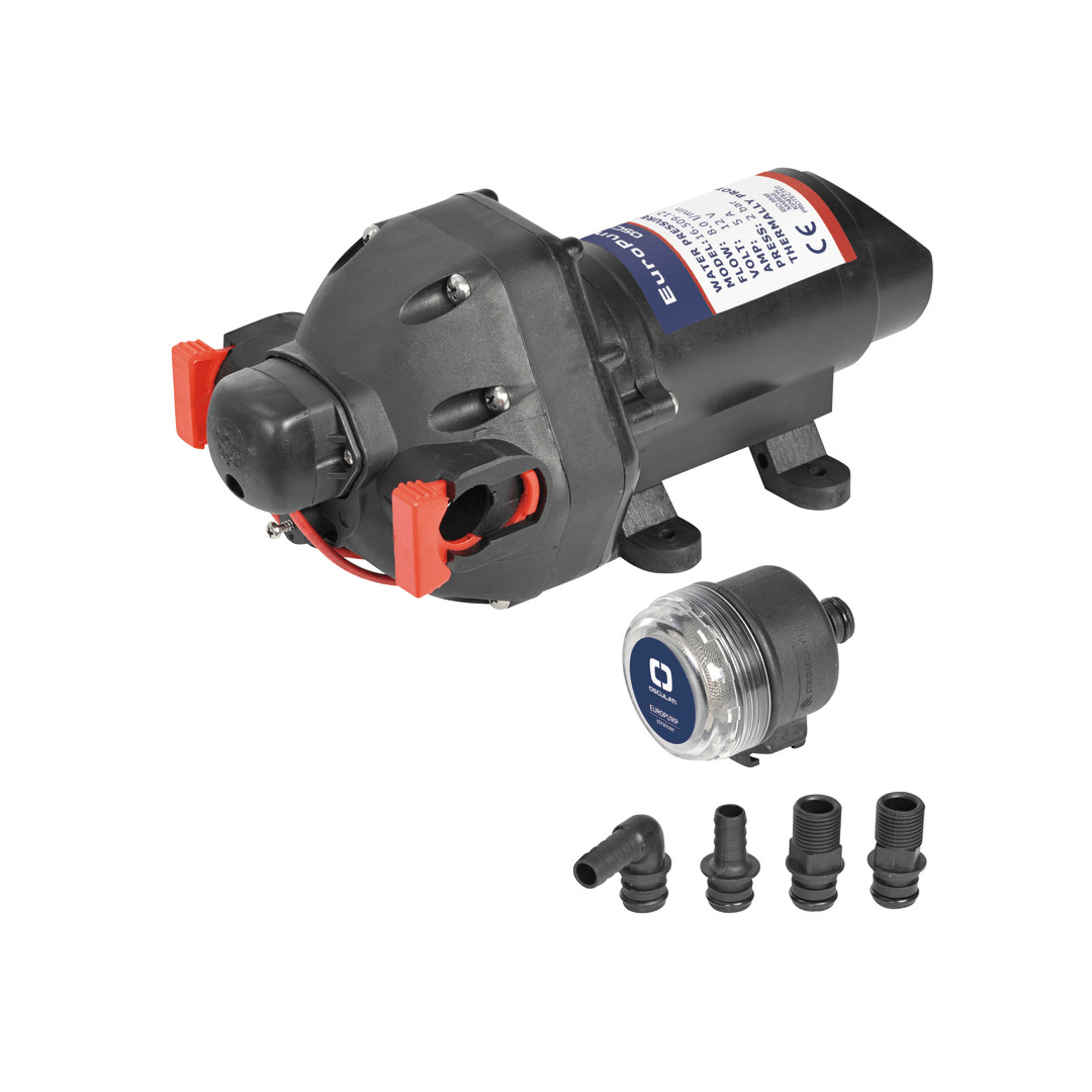 Pompa autoclave Europump 3 valvole 12V nera con raccordi, filtro trasparente e accessori inclusi