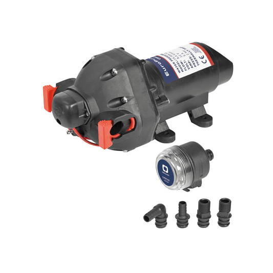 Pompa autoclave Europump 3 valvole 12V nera con raccordi, filtro trasparente e accessori inclusi