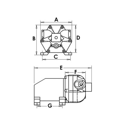 Scheda tecnica pompa autoclave Europump 3 valvole 12V con dimensioni A-G e viste frontale e laterale