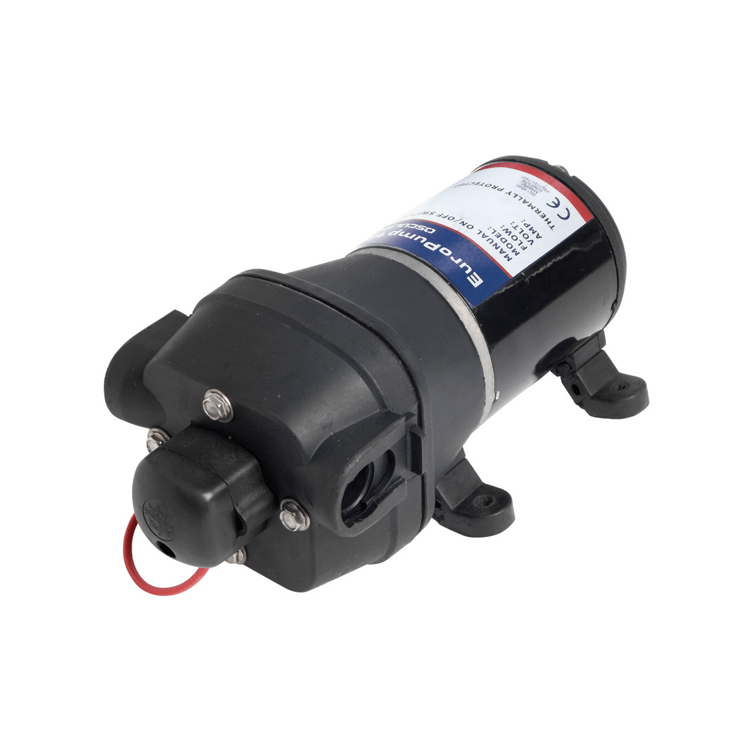 Pompa autoclave EuroPump nera in plastica, forma cilindrica con staffa di montaggio, 12V/24V