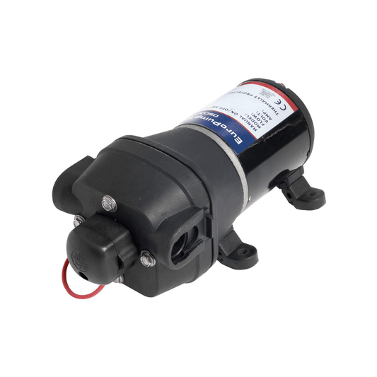 Pompa autoclave EuroPump nera in plastica, forma cilindrica con staffa di montaggio, 12V/24V